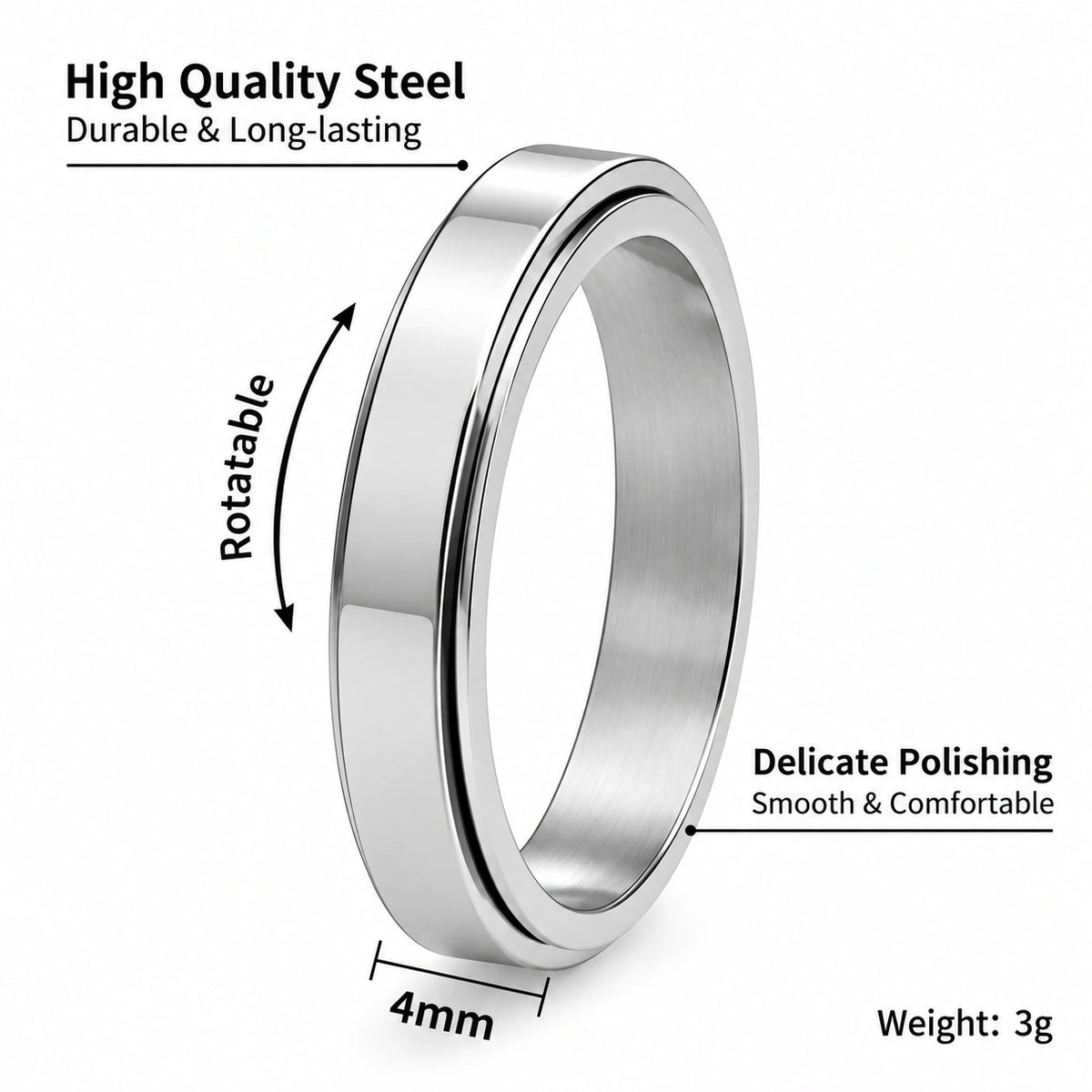4mm Rotatable Spinner Ring – Black Stainless Steel Unisex Band