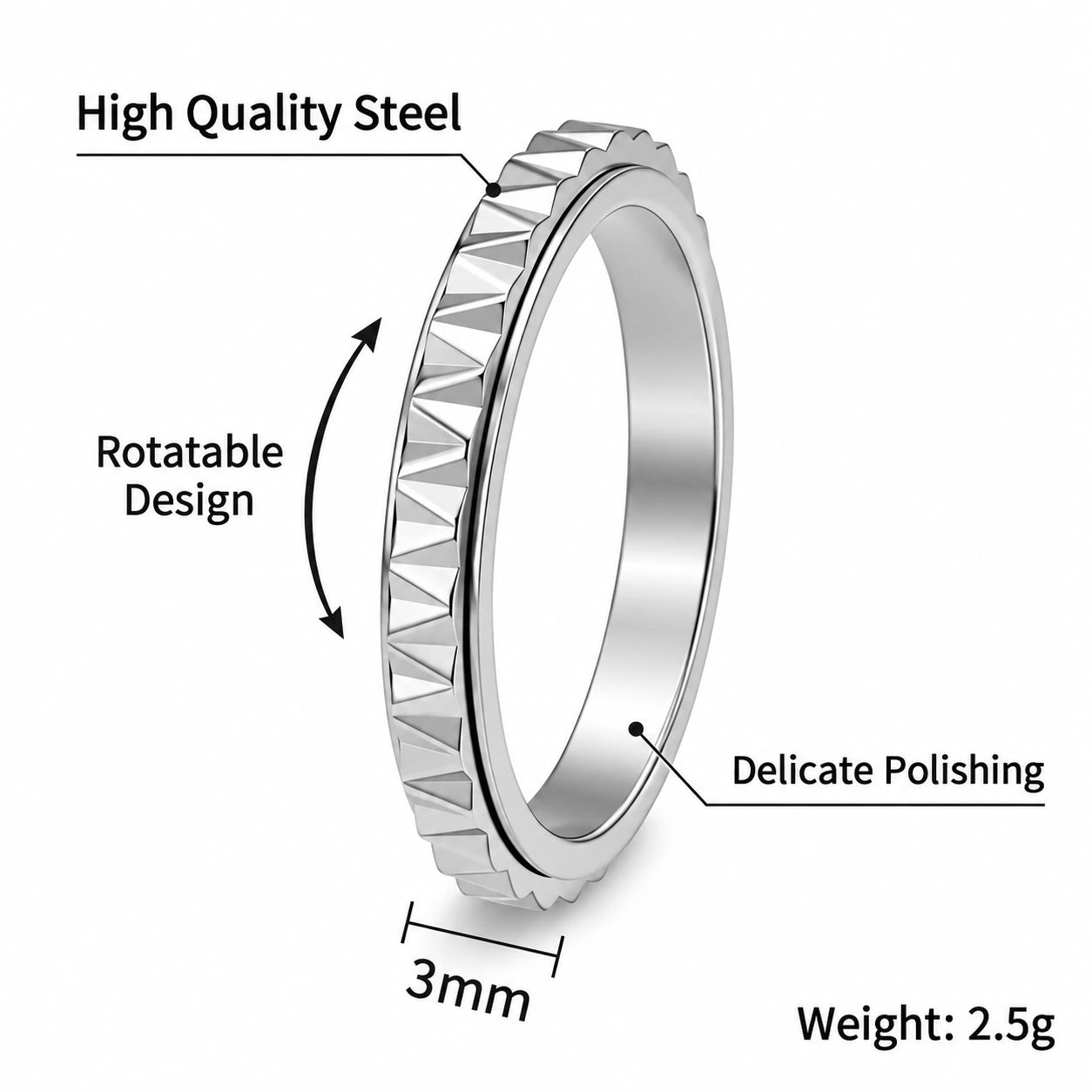 Rotatable Gear Spinner Ring – 3mm Stainless Steel Stress Relief Band