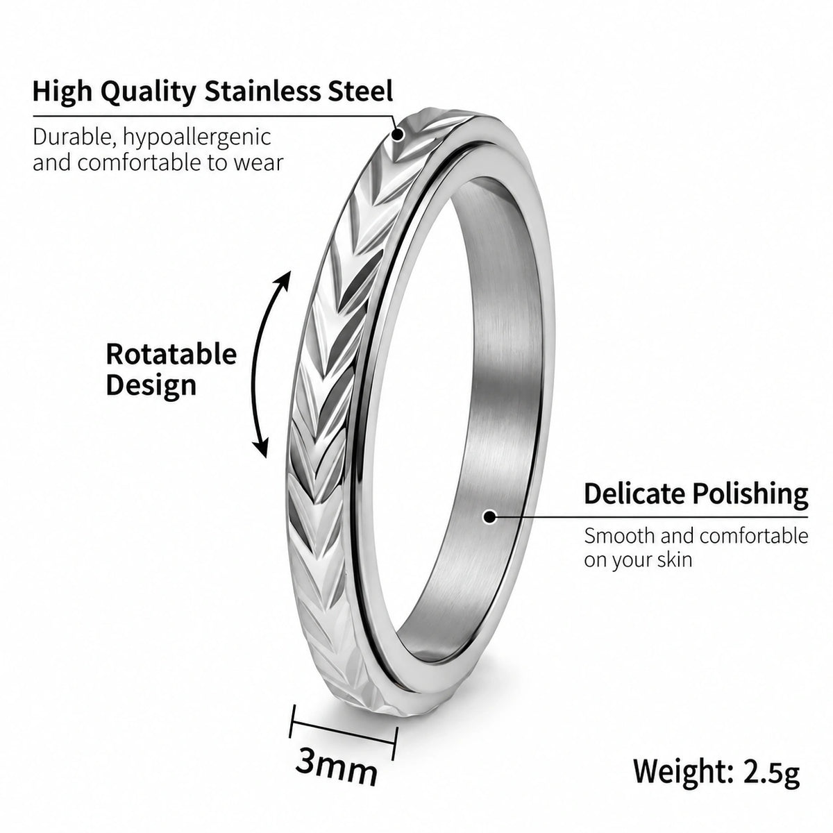 3mm Wheat Pattern Spinner Ring – Stainless Steel