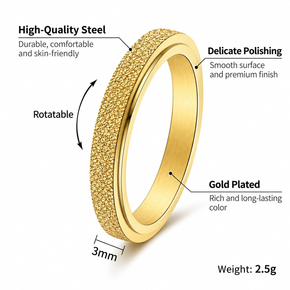 3mm Rotating Spinner Ring – Minimalist Sandblasted Stainless Steel Band