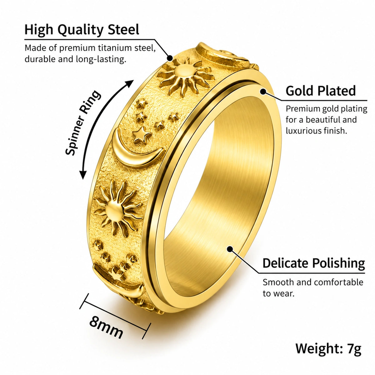 Personalized Sun & Moon Spinner Ring – Custom Engraving