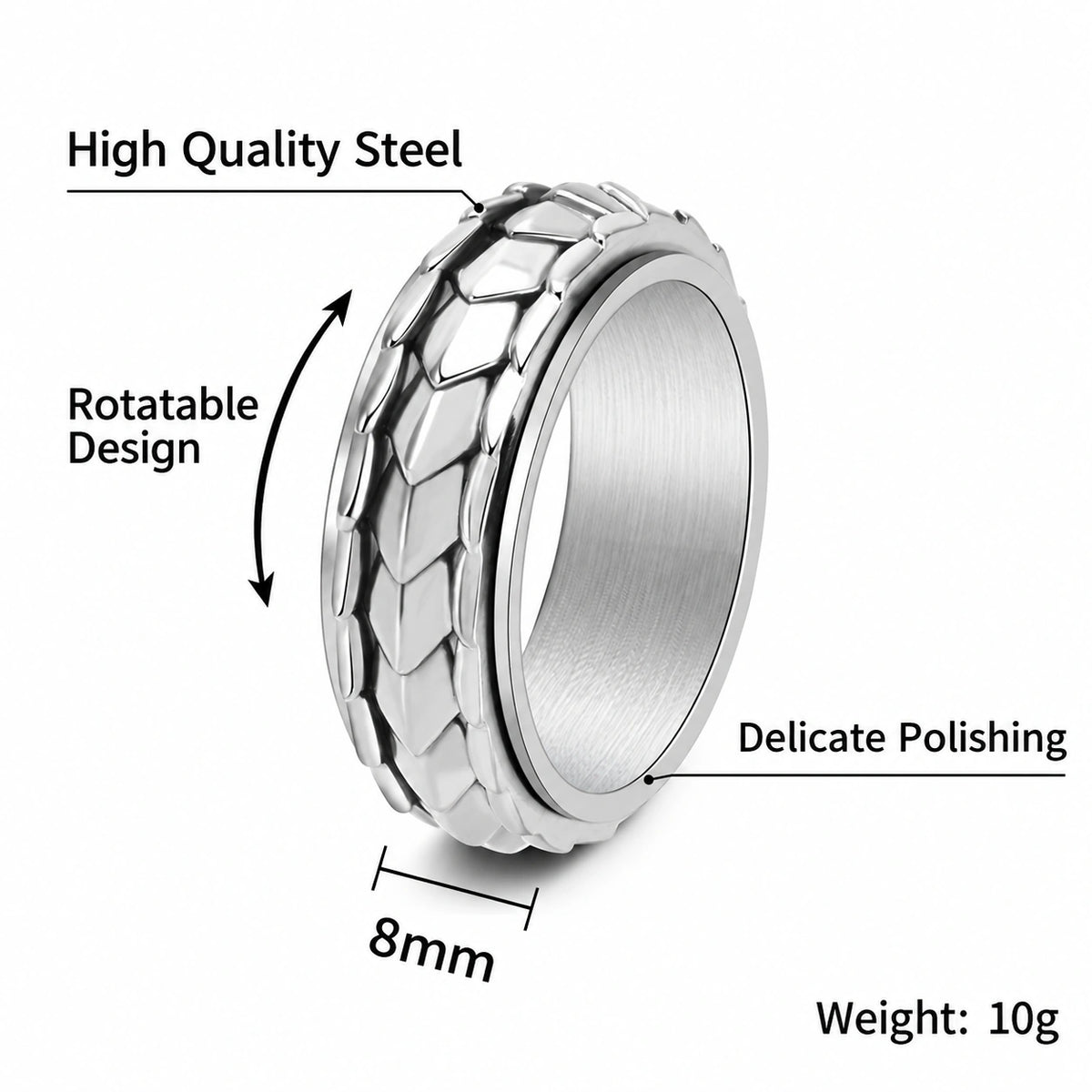 Men’s Dragon Scale Spinner Ring – Stainless Steel Fidget Ring